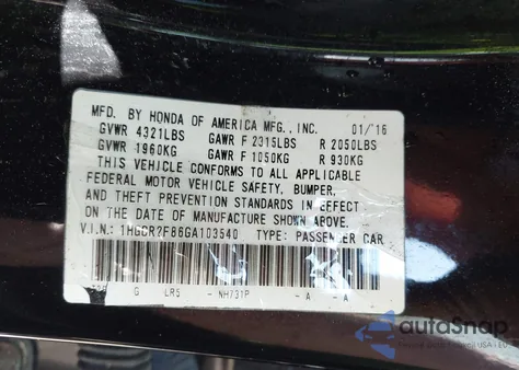 2016 Honda Accord Ex-L z USA, uszkodzony, nr VIN 1HGCR2F86GA103540